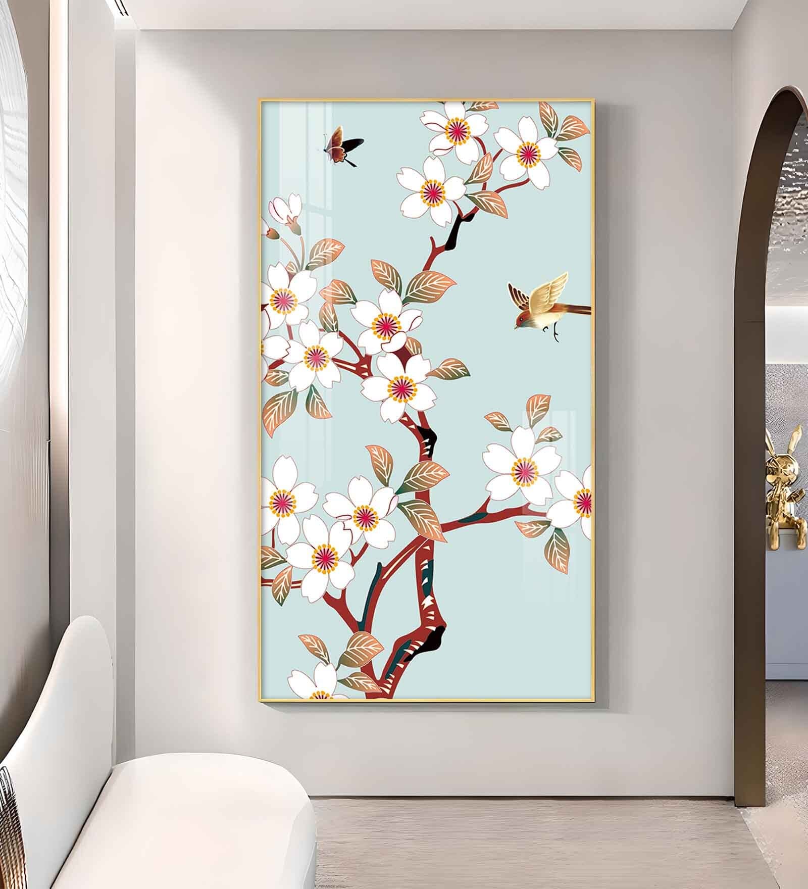 Avian Blossom Glass Finish Vertical Wall Art