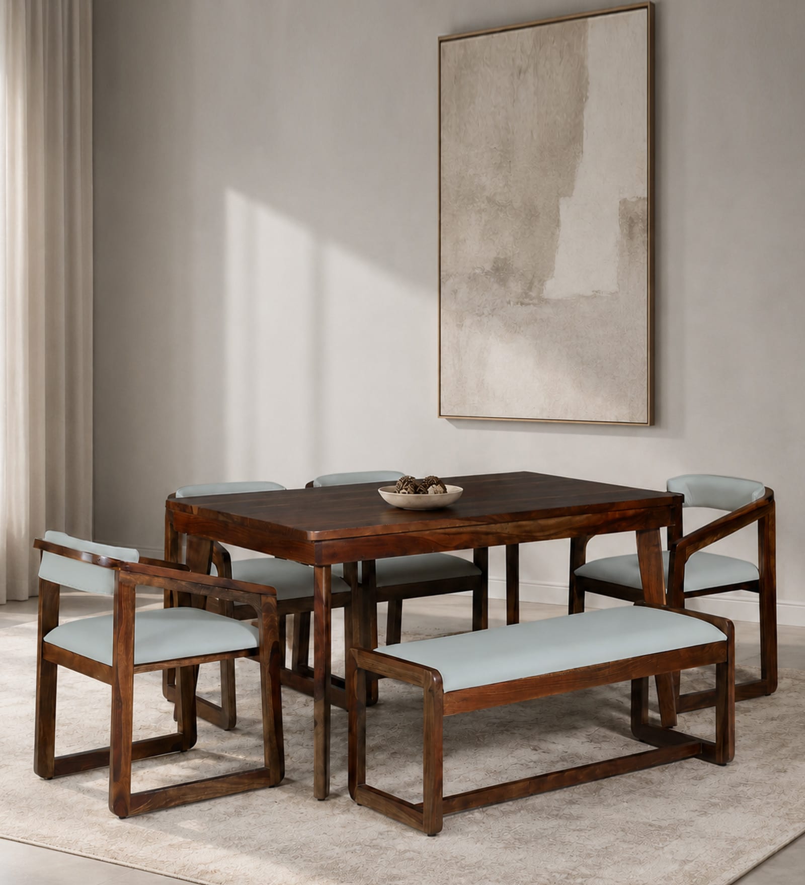 Avian Sheesham Wood 4 Seater Dining Set With Bench in Provincial Teak Finish Avian Sheesham Wood 4 Seater Dining Set With Bench in Provincial Teak Finish