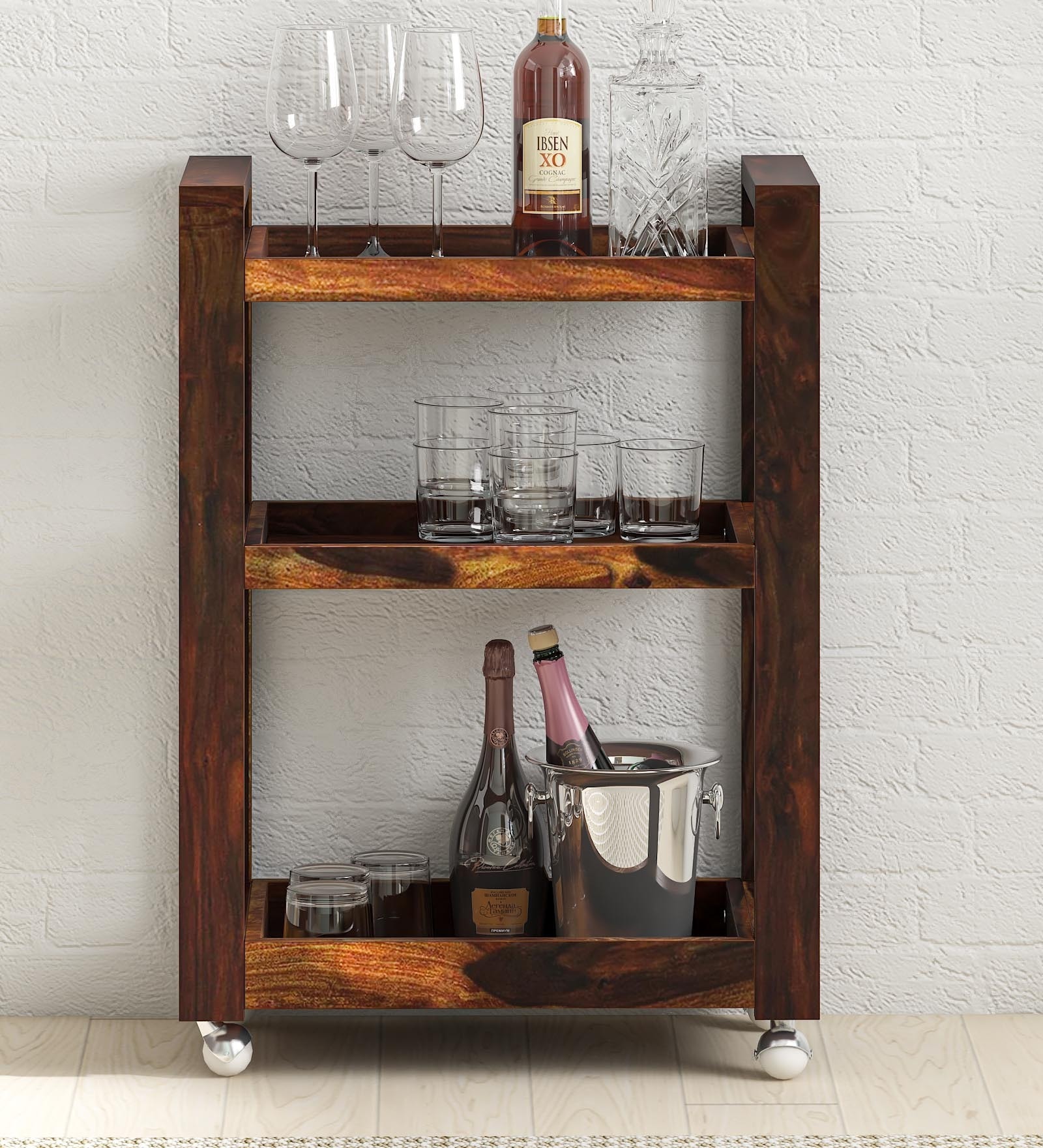 Avian Sheesham Wood Bar Trolley In Scratch Resistant Provincial Teak Finish