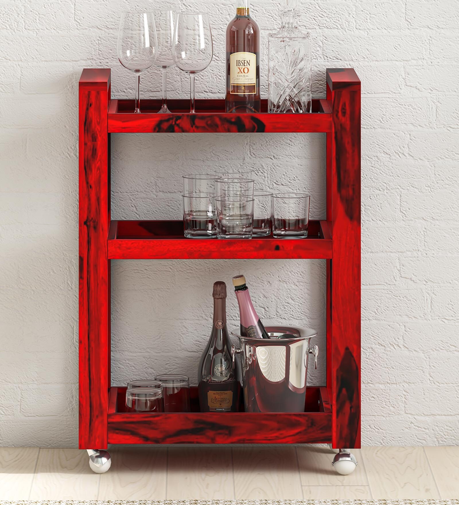 Avian Sheesham Wood Bar Trolley In Spicy Red Finish