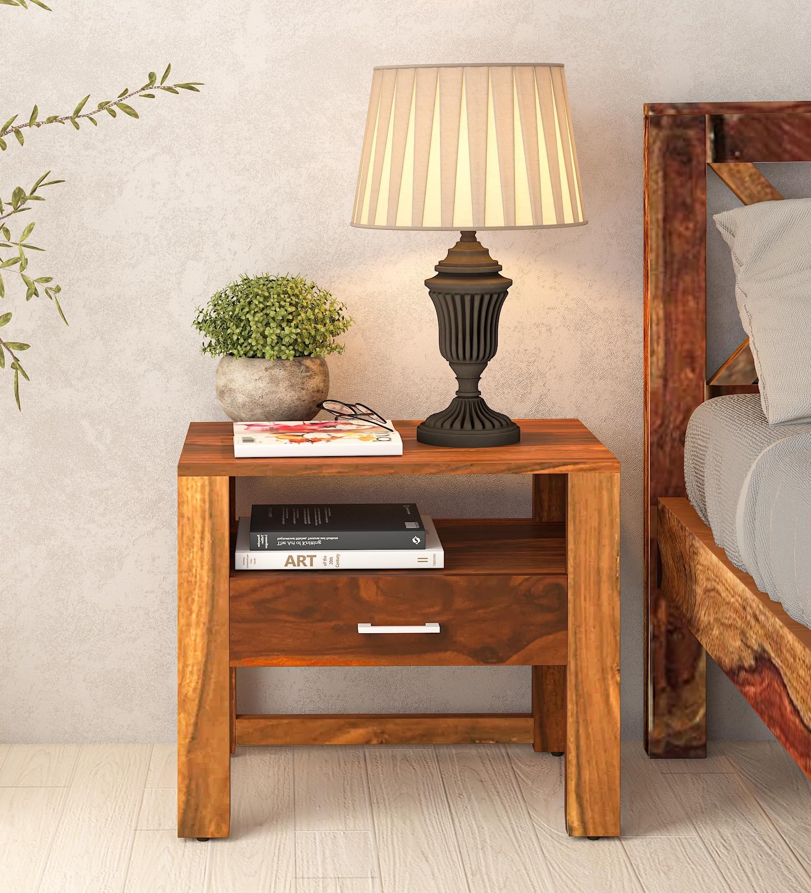 Avian Sheesham Wood Bedside Table In Scratch Resistant Rustic Teak Finish With Drawer