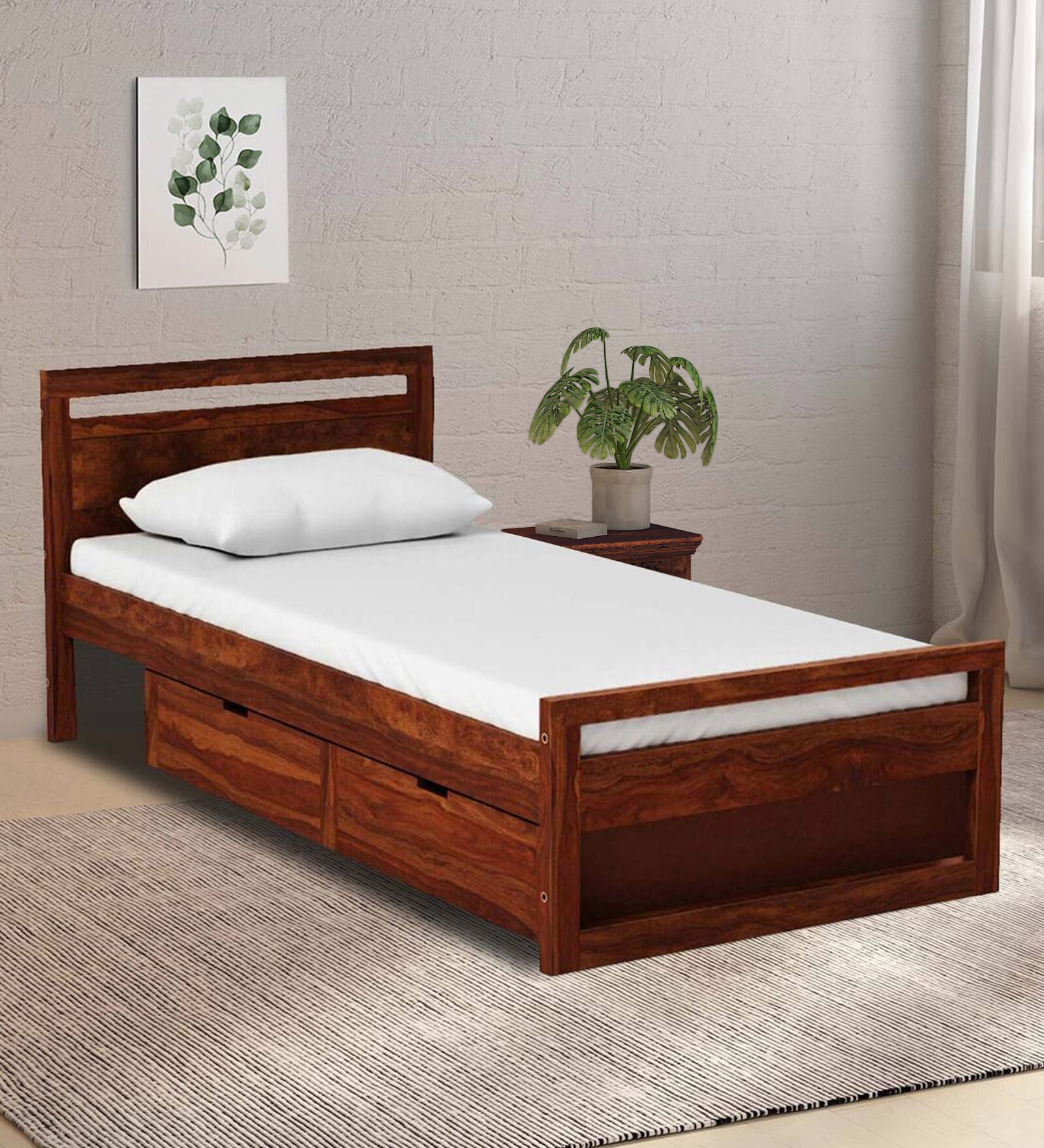 Avian Sheesham Wood Single Bed In Scratch Resistant Provincial Teak Finish With Drawer Storage
