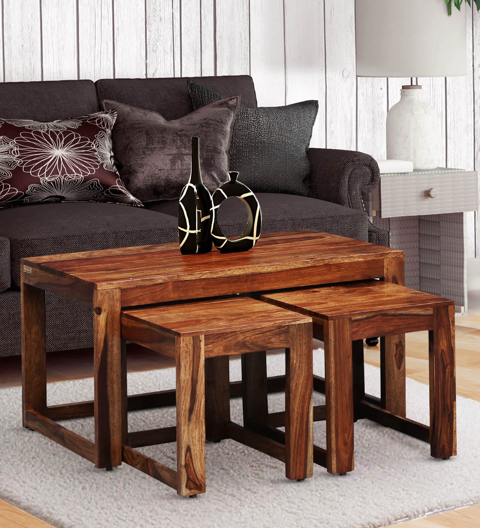 Avian Solid Wood Coffee Table Set With Two Stools In Rustic Teak Finish By Woodsworth Buy Online In Armenia At Armenia Desertcart Com Productid 149394090