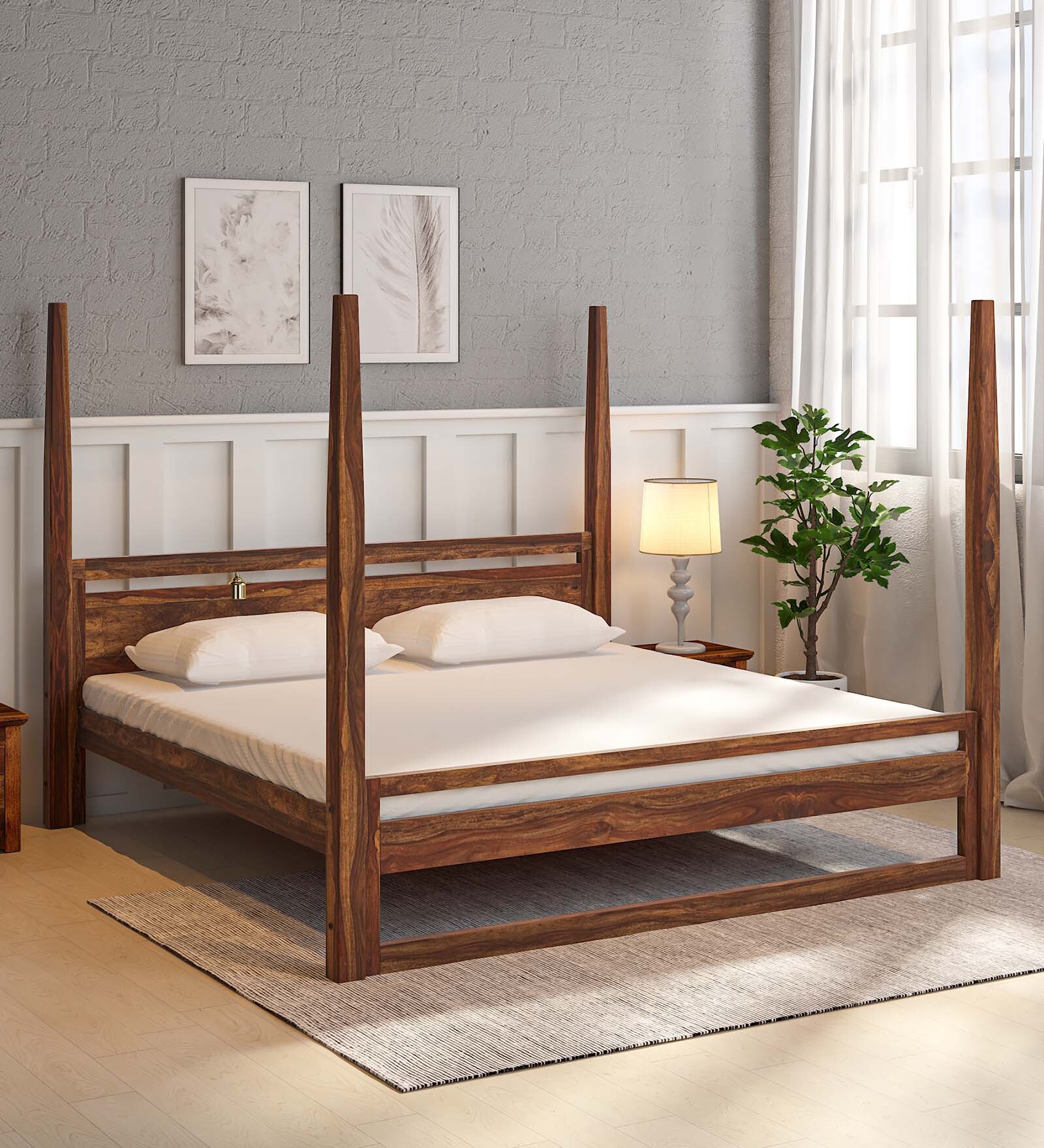 Avian Sheesham Wood King Size Poster Bed In Provincial Teak Finish