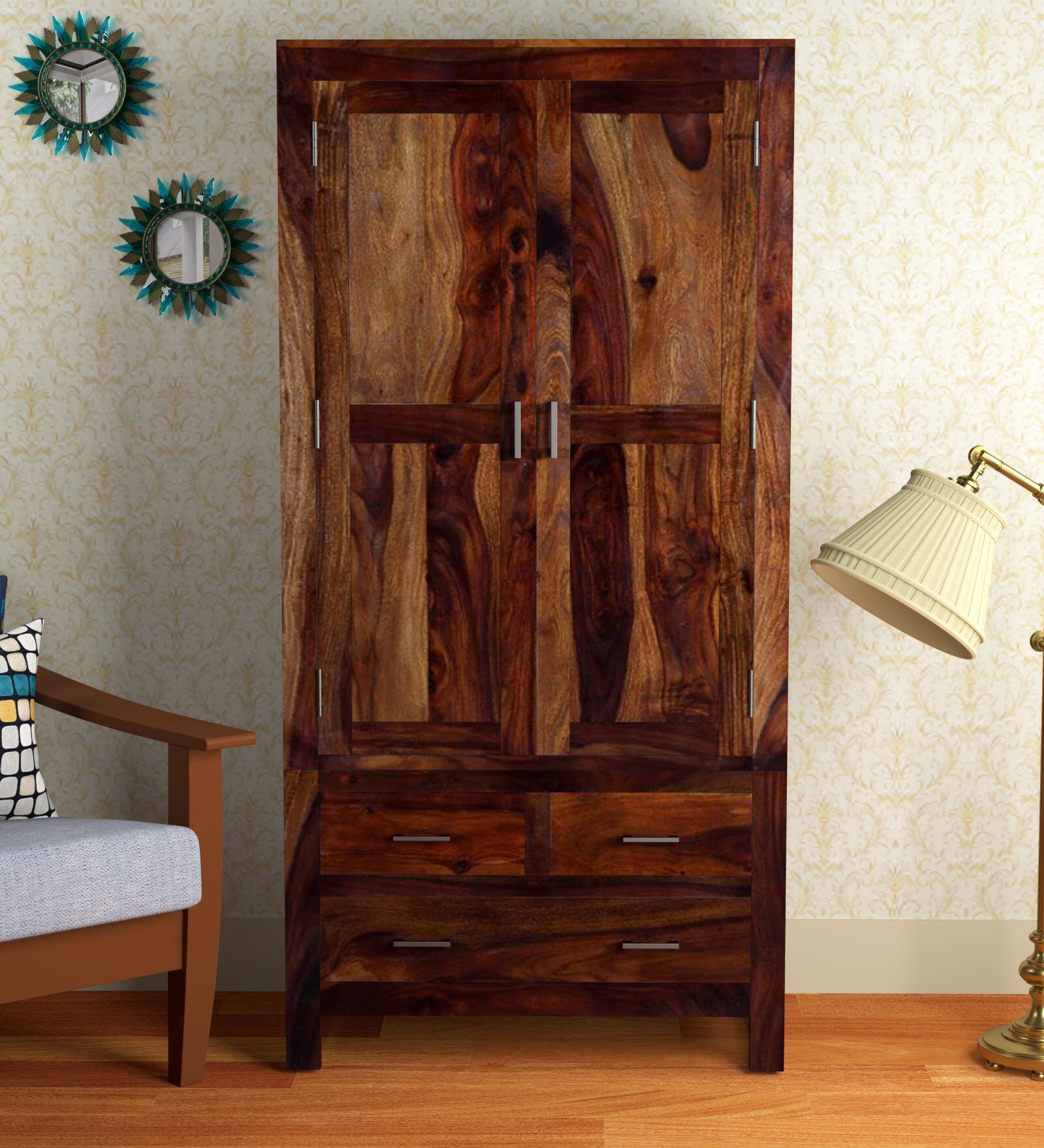 Avian Sheesham Wood Wardrobe in Provincial Teak Finish