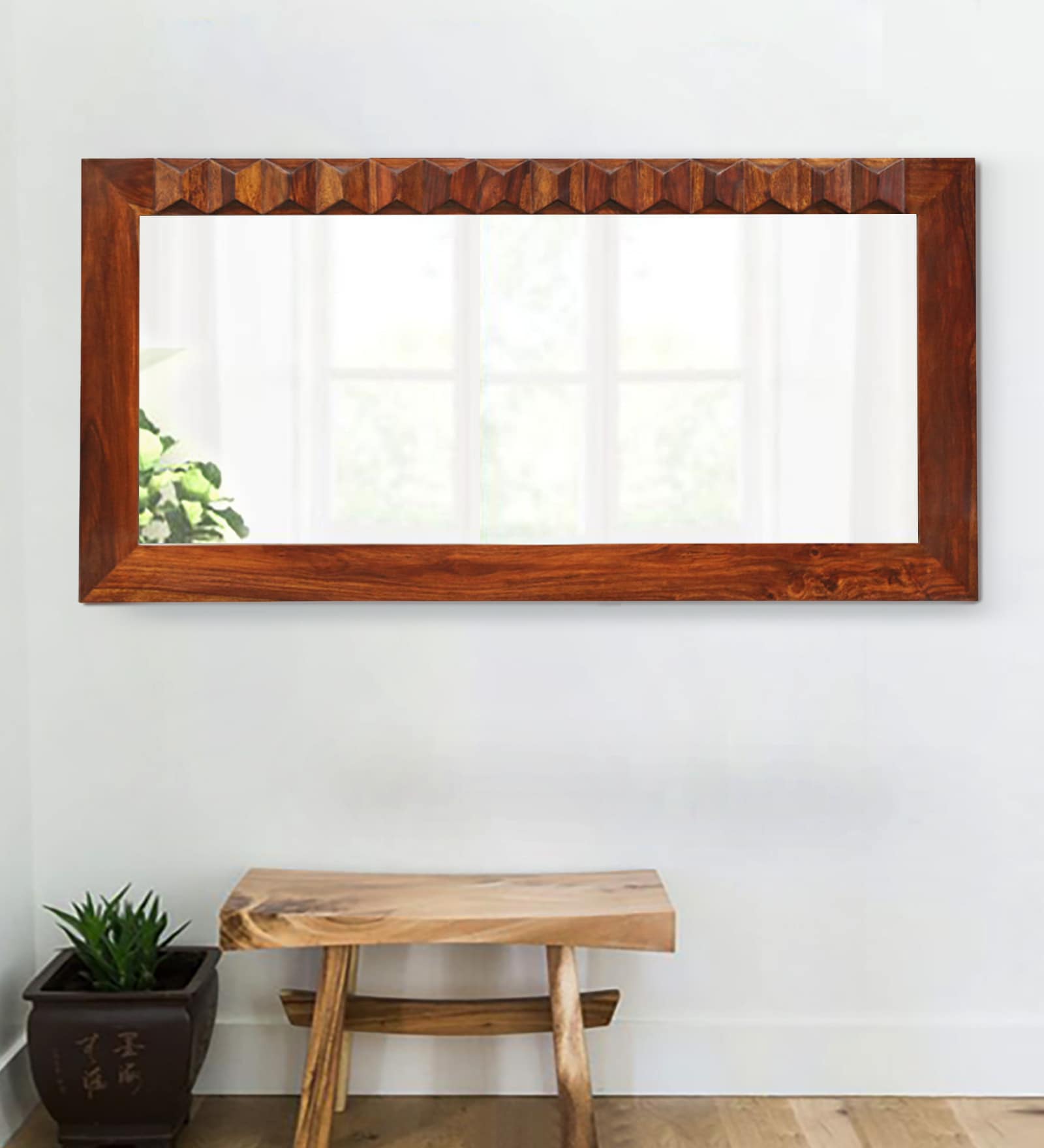 Solid Wood Rectangle Wall Mirror in Brown colour