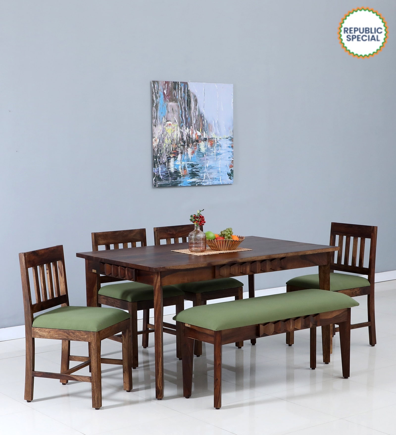 Avilys Sheesham Wood 6 Seater Dining Set In Provincial Teak Finish With Bench