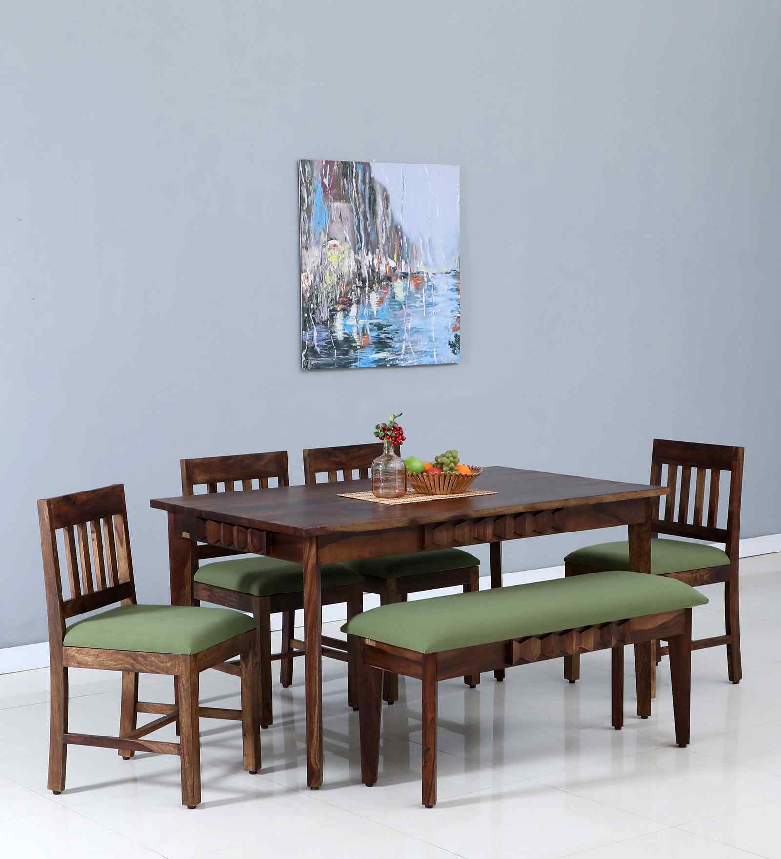 Avilys Sheesham Wood 6 Seater Dining Set In Provincial Teak Finish With Bench