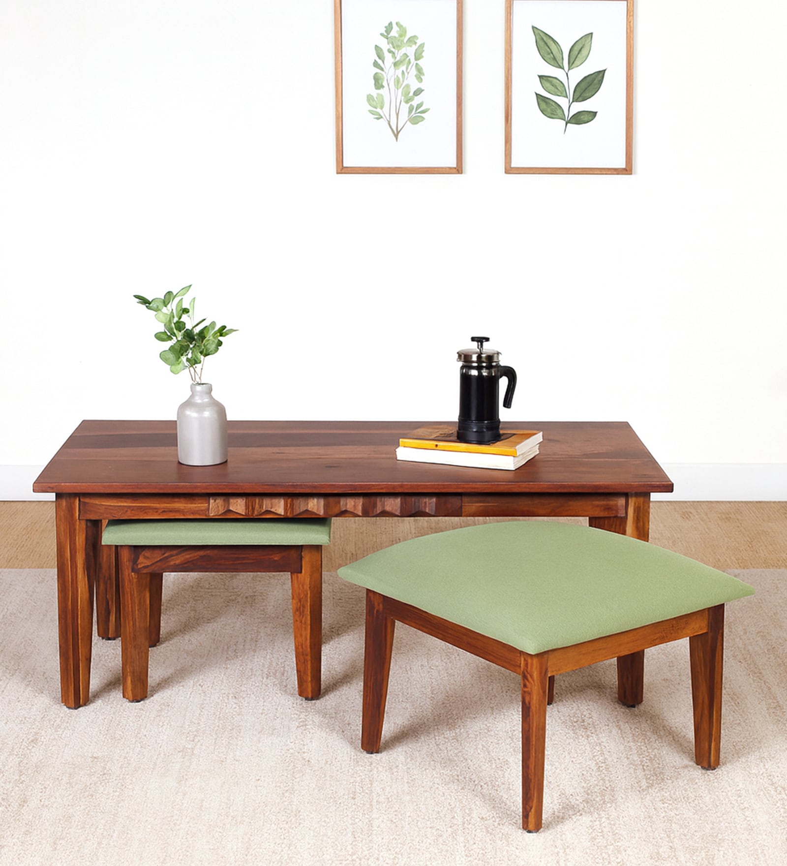 Avilys Sheesham Wood Nesting Coffee Table Set in Provincial Teak Finish With 2 Stools