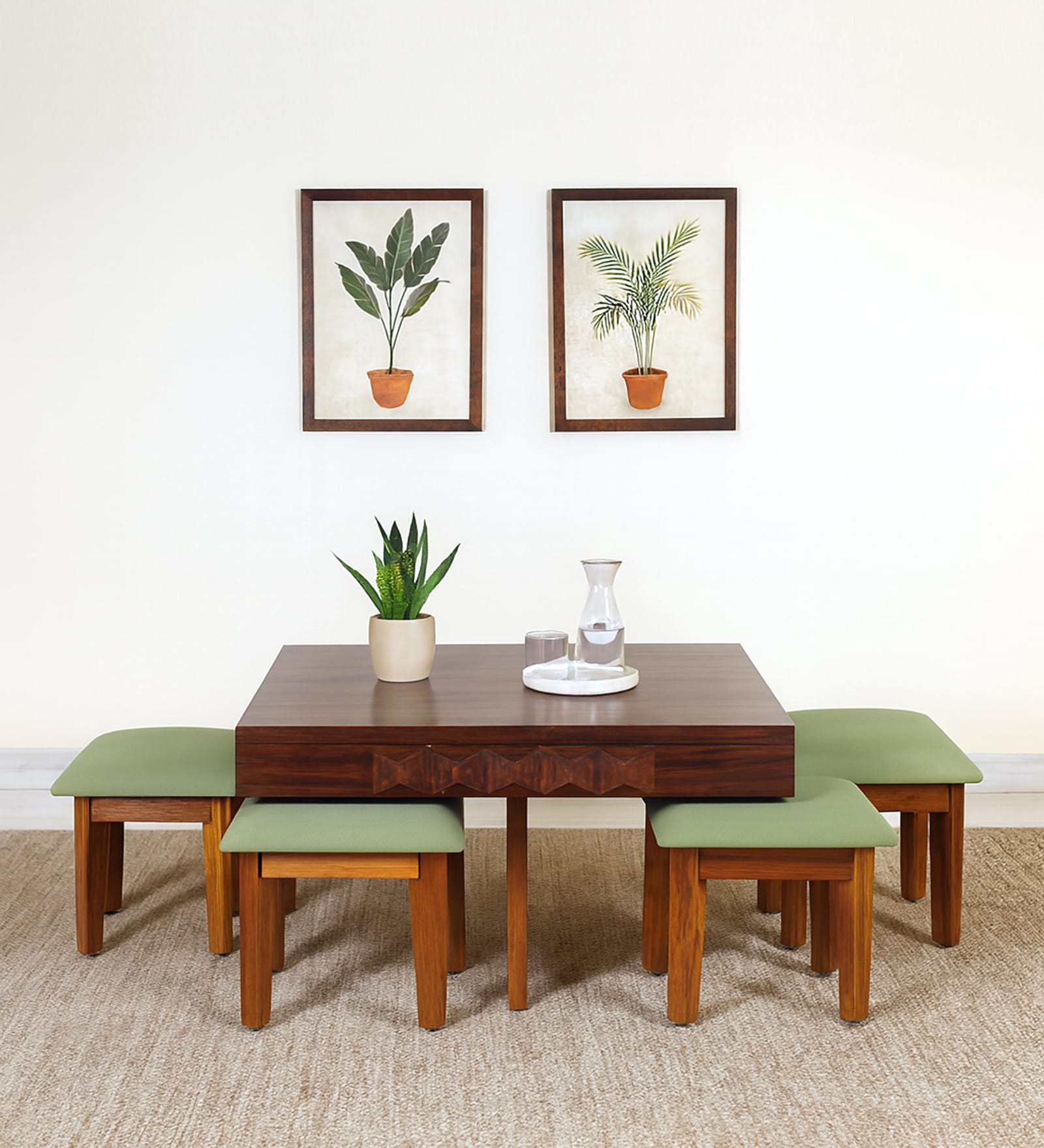 Avilys Sheesham Wood Nesting Coffee Table Set in Provincial Teak Finish With 4 Stools