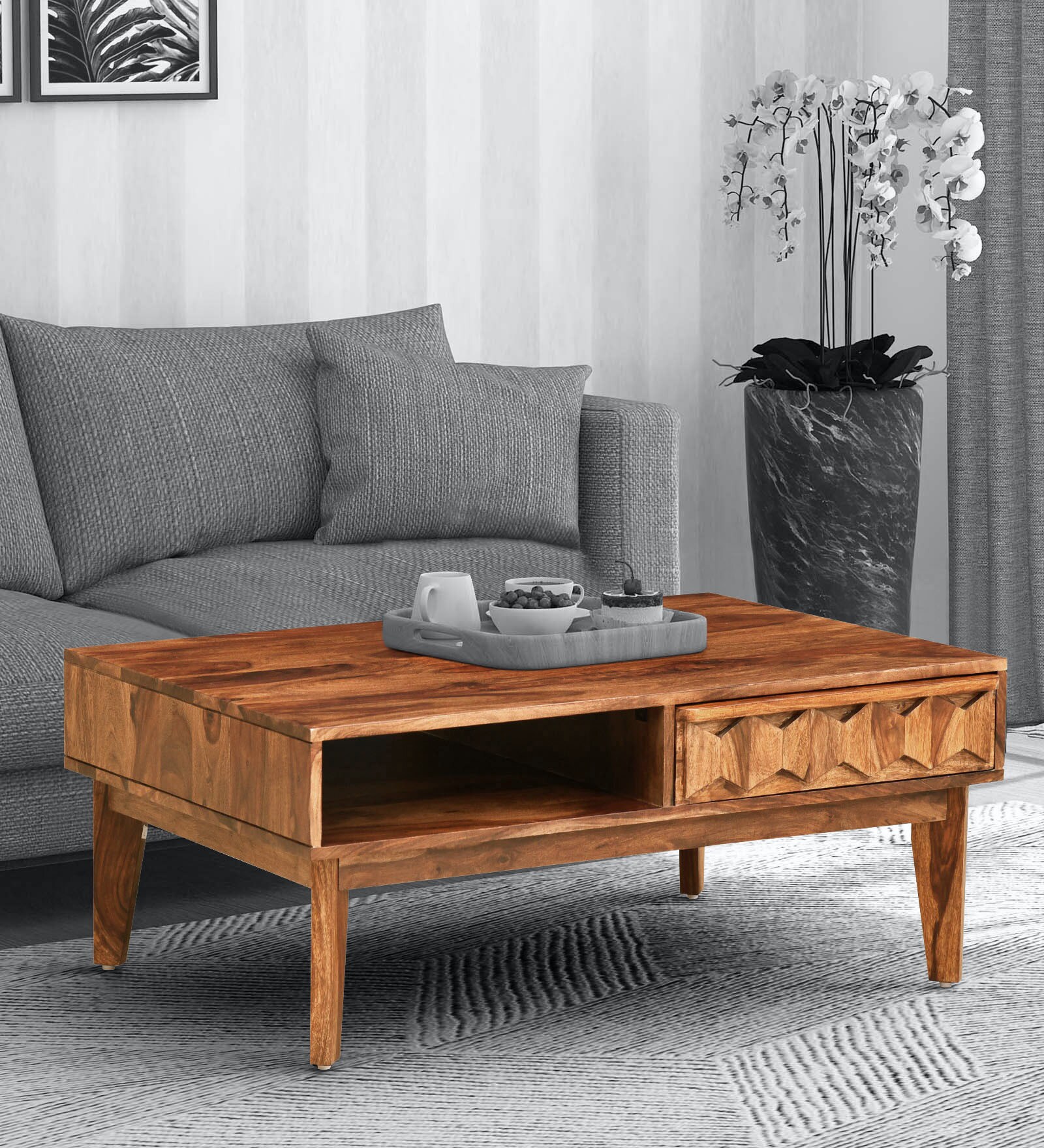 Avilys Sheesham Wood Coffee Table In Rustic Teak Finish