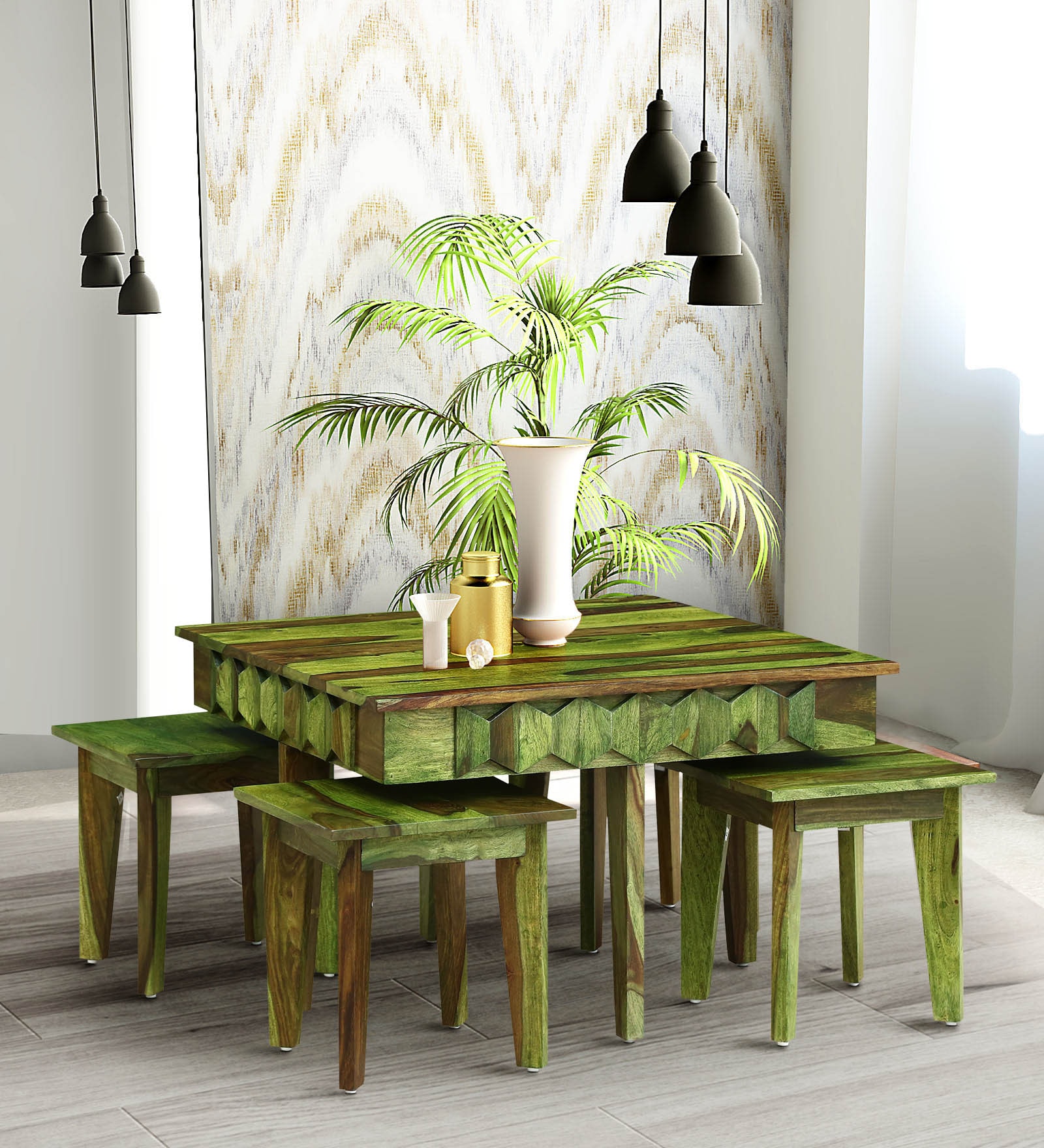 Avilys Sheesham Wood Nesting Coffee Table Set in Spring Green Finish With Stools