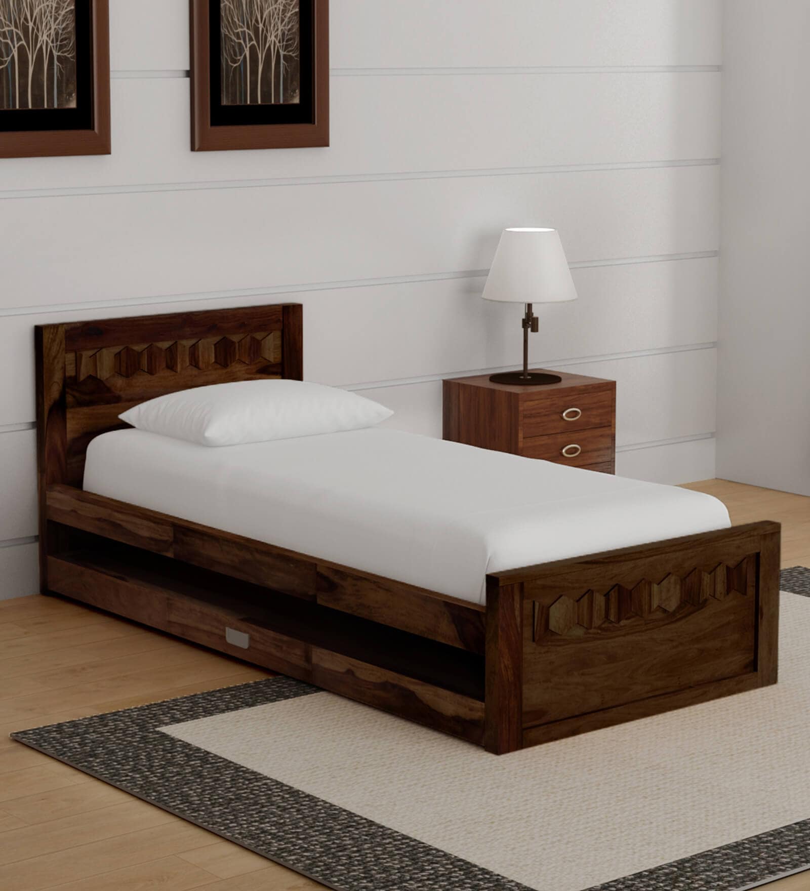 Buy Avilys Sheesham Wood Single Bed With Trundle In Provincial Teak ...