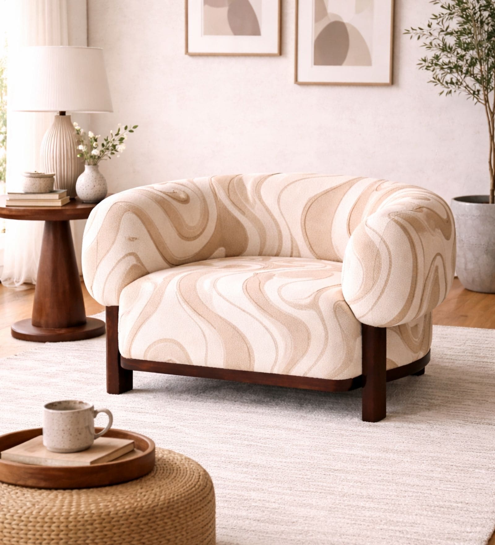 Avis Beige Wave Pattern Teak Wood Chair With Suede Fabric Avis Beige Wave Pattern Teak Wood Chair With Suede Fabric