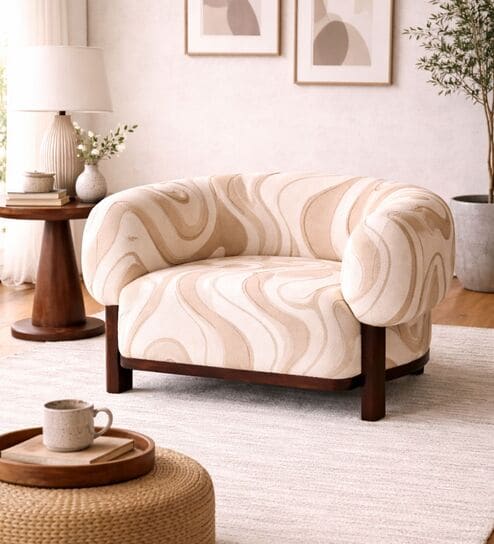 Avis Beige Wave Pattern Teak Wood Chair With Suede Fabric
