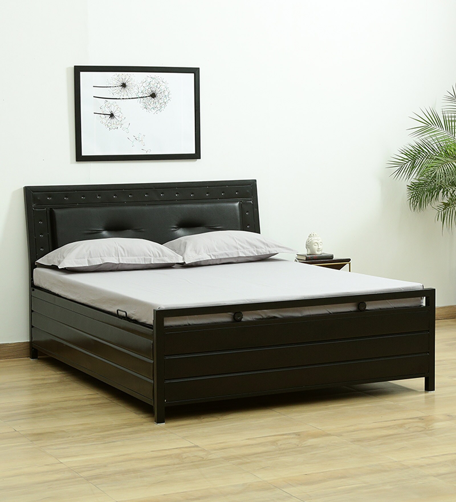 Buy Axel Metal Queen Size Bed With Hydraulic Storage In Black Colour at