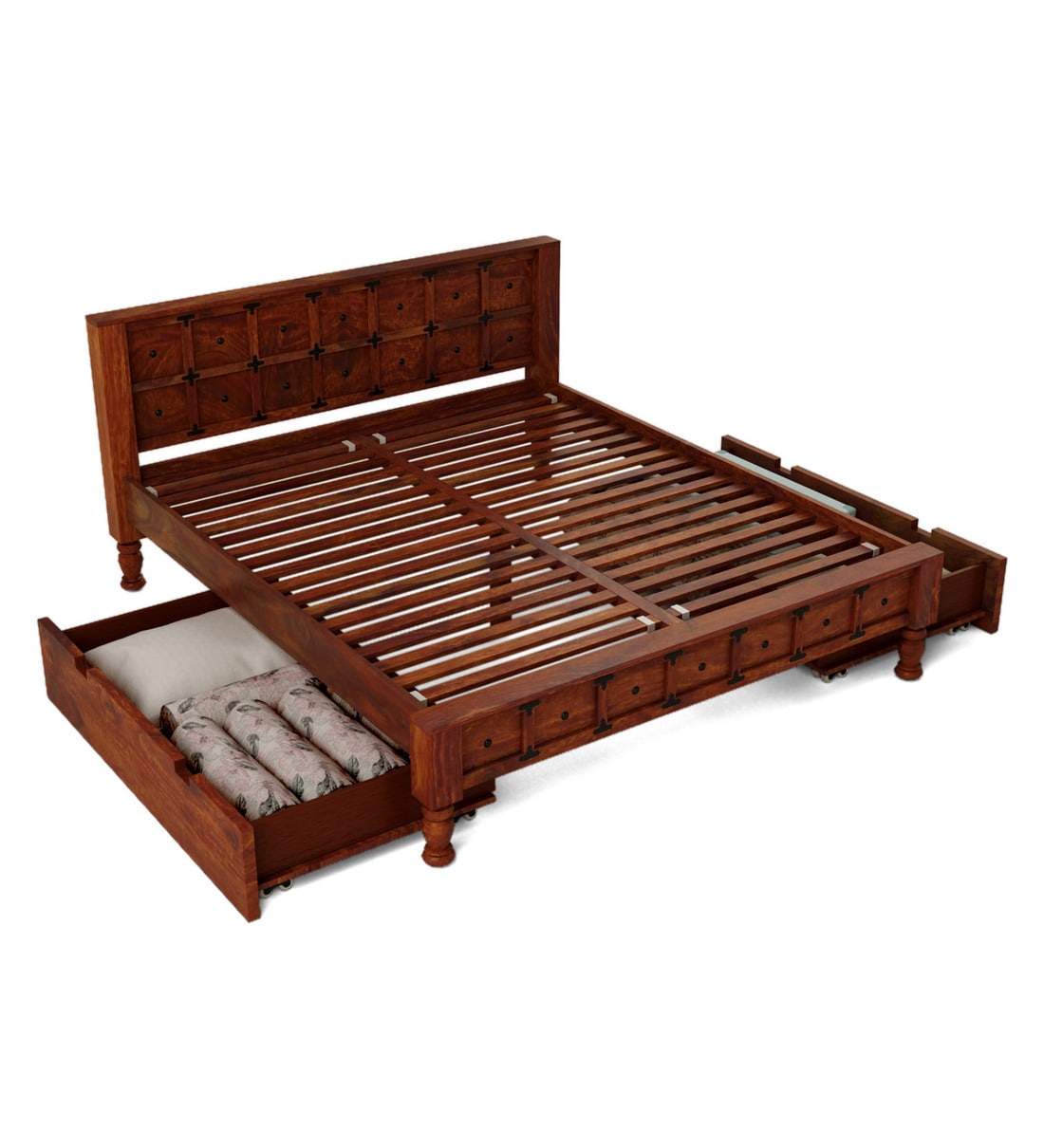 Buy Ayasa Solid Wood King Size Bed With Drawer Storage In Honey Oak