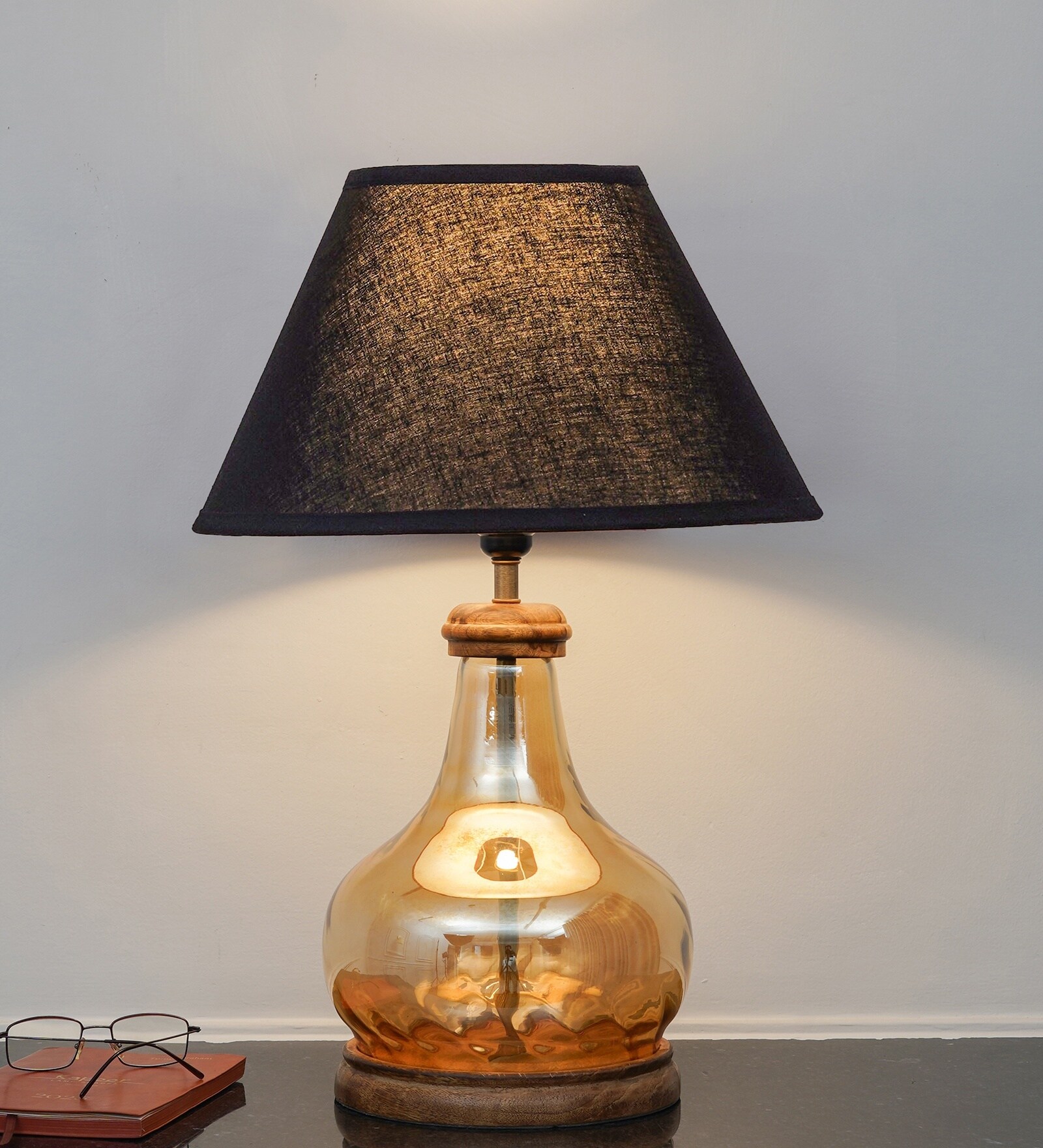 Ayana Brown Finish Wood And Amber Glass Table Lamp With Black Cotton Shade
