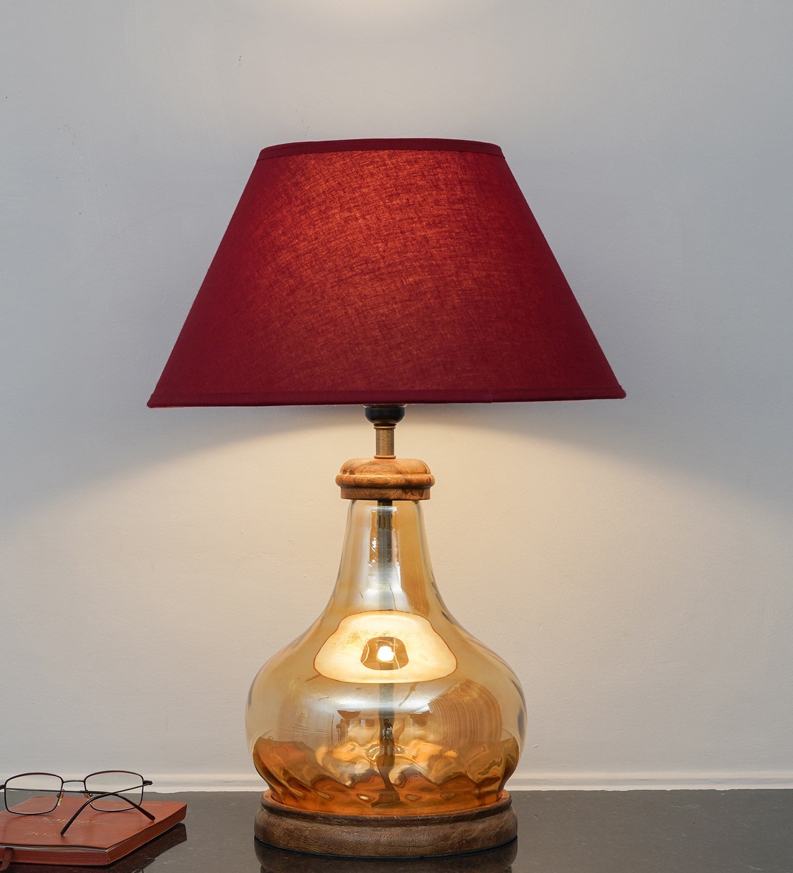 Ayana Brown Finish Wood And Amber Glass Table Lamp With Maroon Cotton Shade