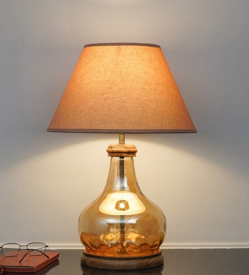 Ayana Brown Finish Wood And Amber Glass Table Lamp With Beige Cotton Shade