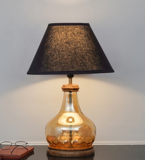 Ayana Brown Finish Wood And Amber Glass Table Lamp With Black Cotton Shade