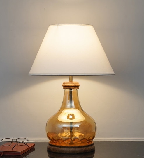 Ayana Brown Finish Wood And Amber Glass Table Lamp With White Cotton Shade