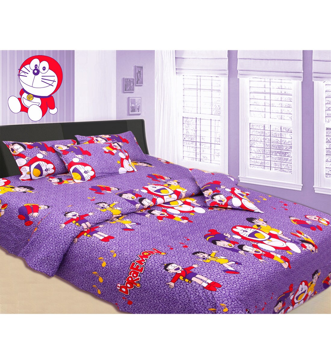 Buy Doraemon KingSize Cotton Bedsheet in Purple with Pillow Covers by