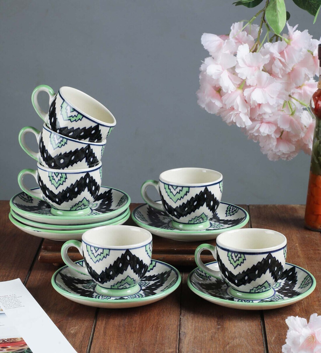 Aztec 150ml Green Set of 12 Ceramic Tea Cup Saucer Set