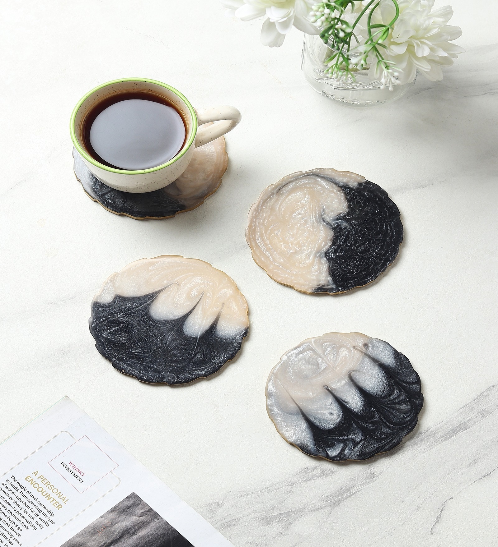 Set Of 4 Peach Resin Azalea Coaster
