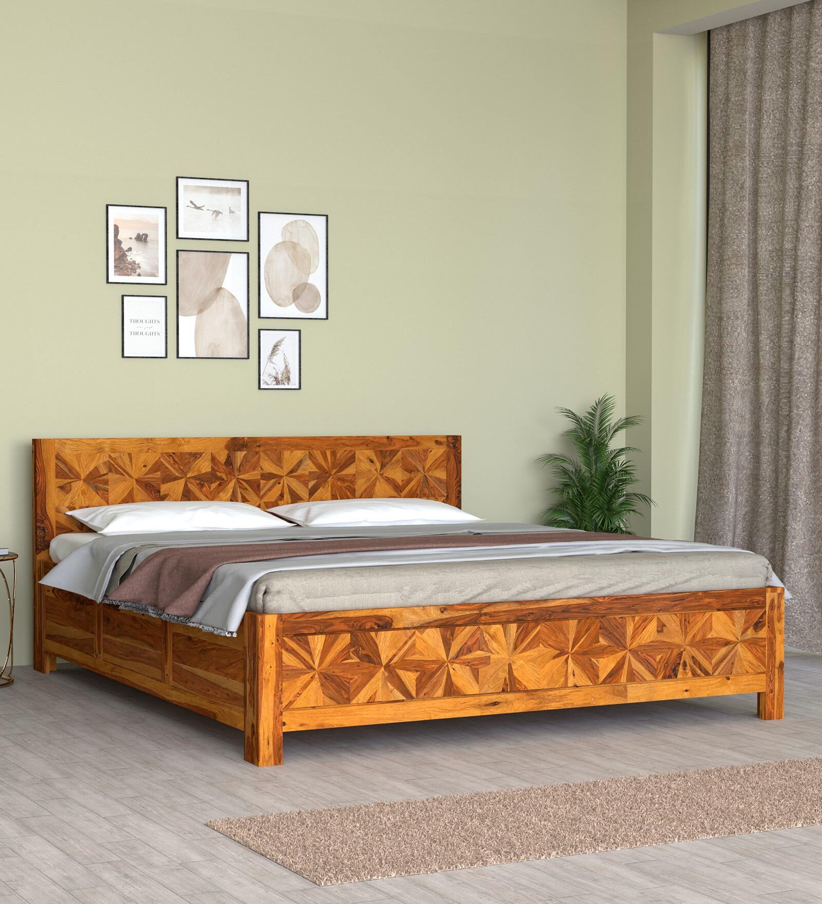 Azalea Sheesham Wood Queen Size Bed In Light Honey Finish With Box Storage