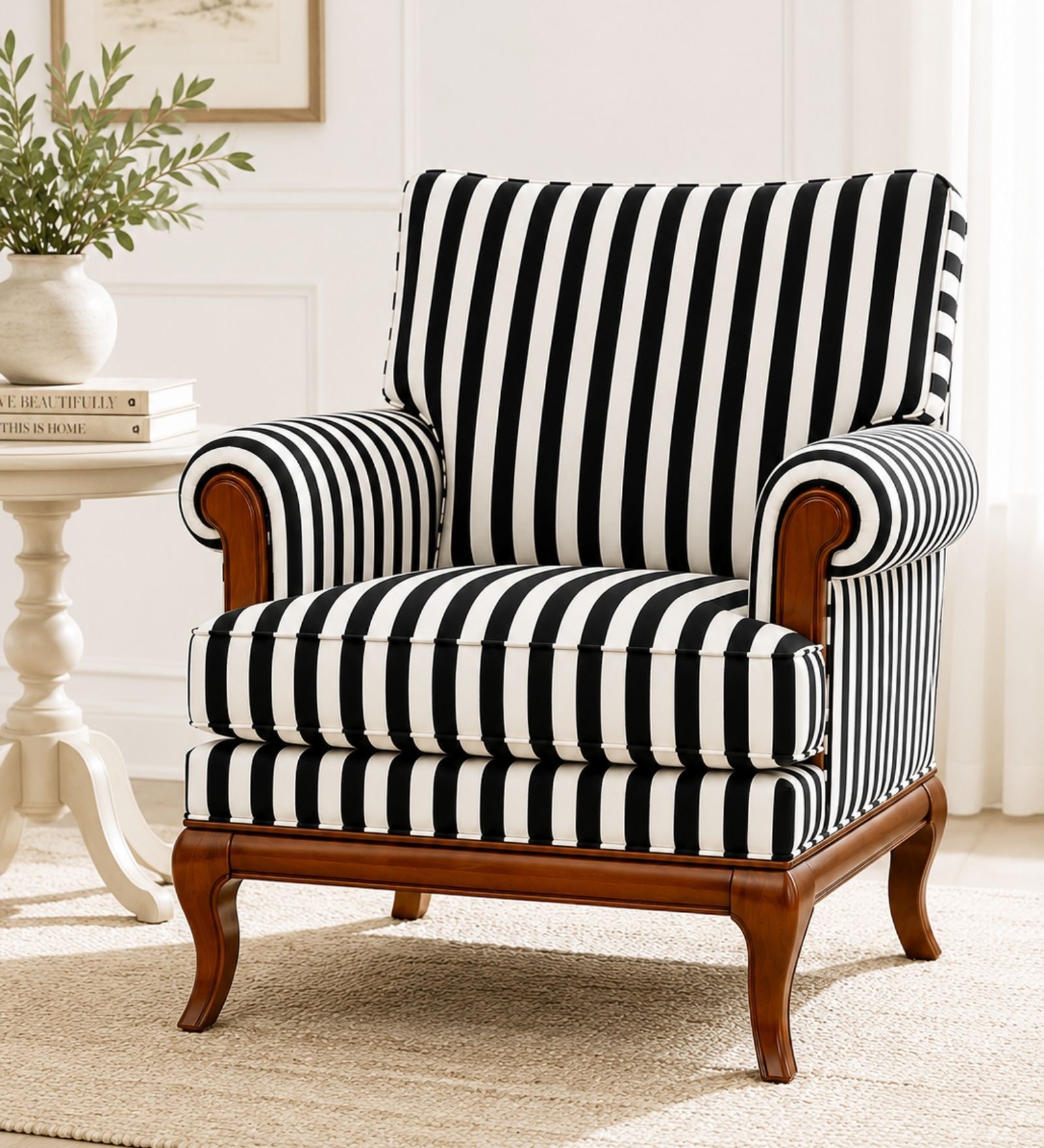 Azalea Teak Wood Arm Chair With Suede Fabric In Black And White Color Azalea Teak Wood Arm Chair With Suede Fabric In Black And White Color
