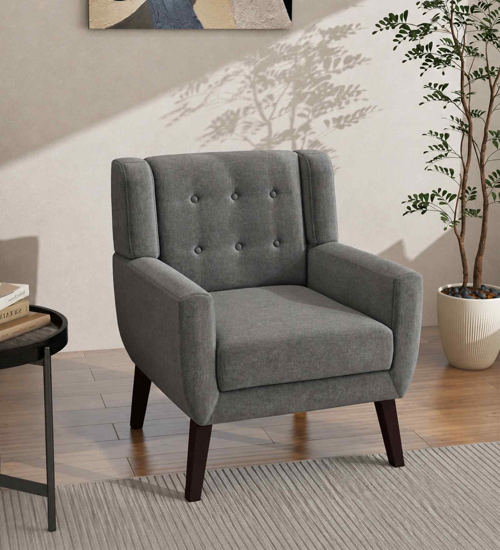 Azriah Boucle Fabric Accent Chair In Grey Colour
