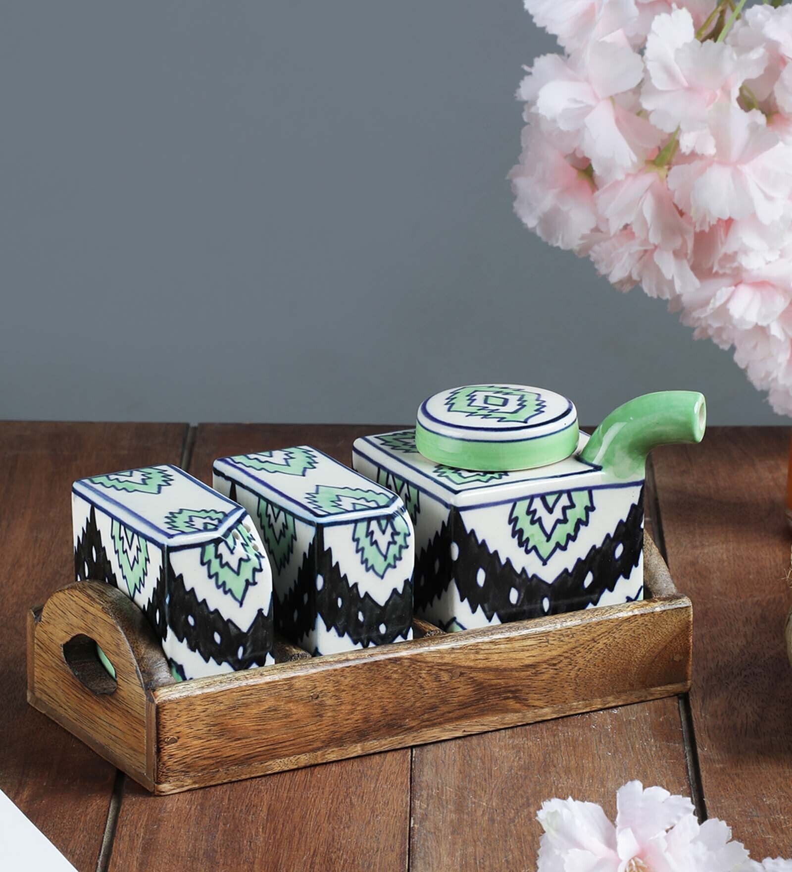 Aztec Green & Black Ceramic (Set of 4) Salt & Pepper Shaker with Oil Bottle & Tray