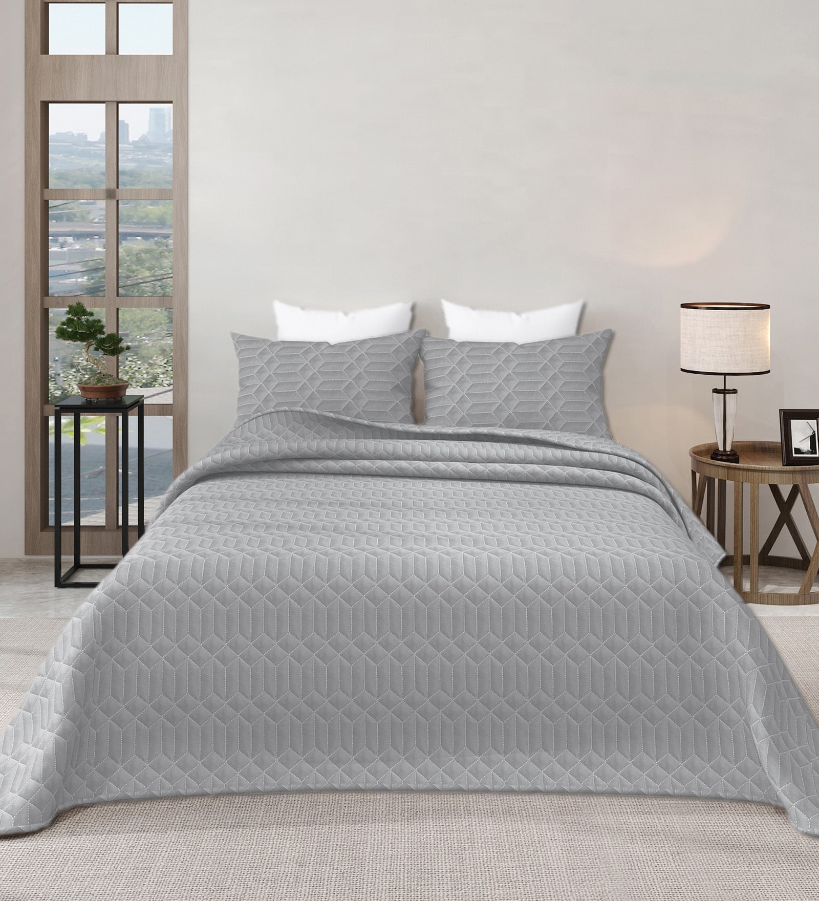 Grey Azure 300GSM King Quilted Bedcover with 2 Pillowcovers