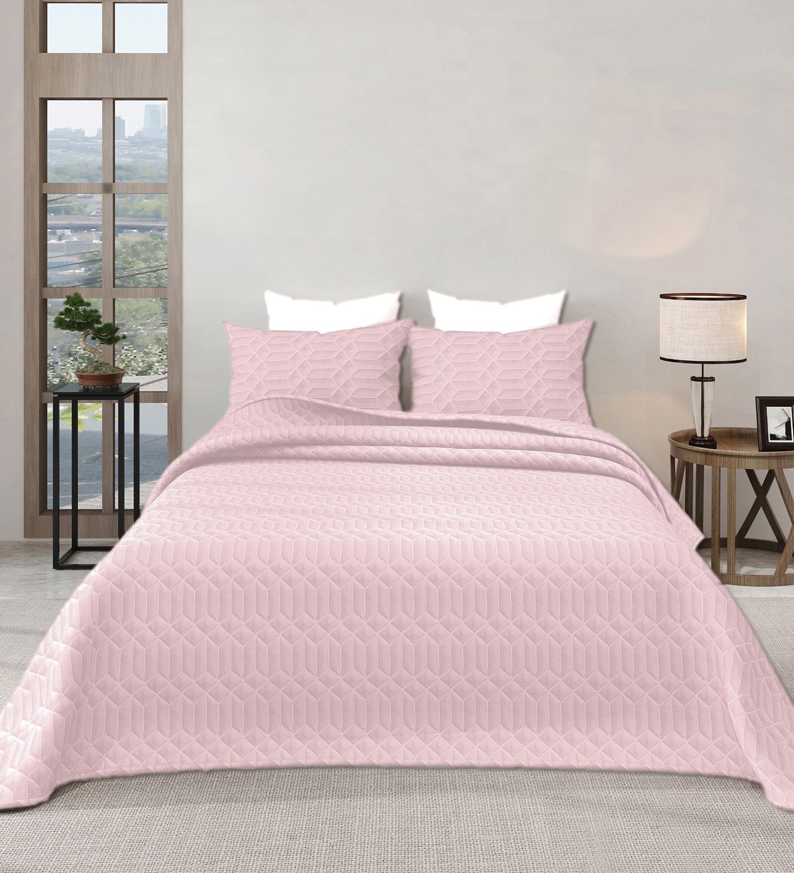 Pink Azure 300GSM King Quilted Bedcover with 2 Pillowcovers