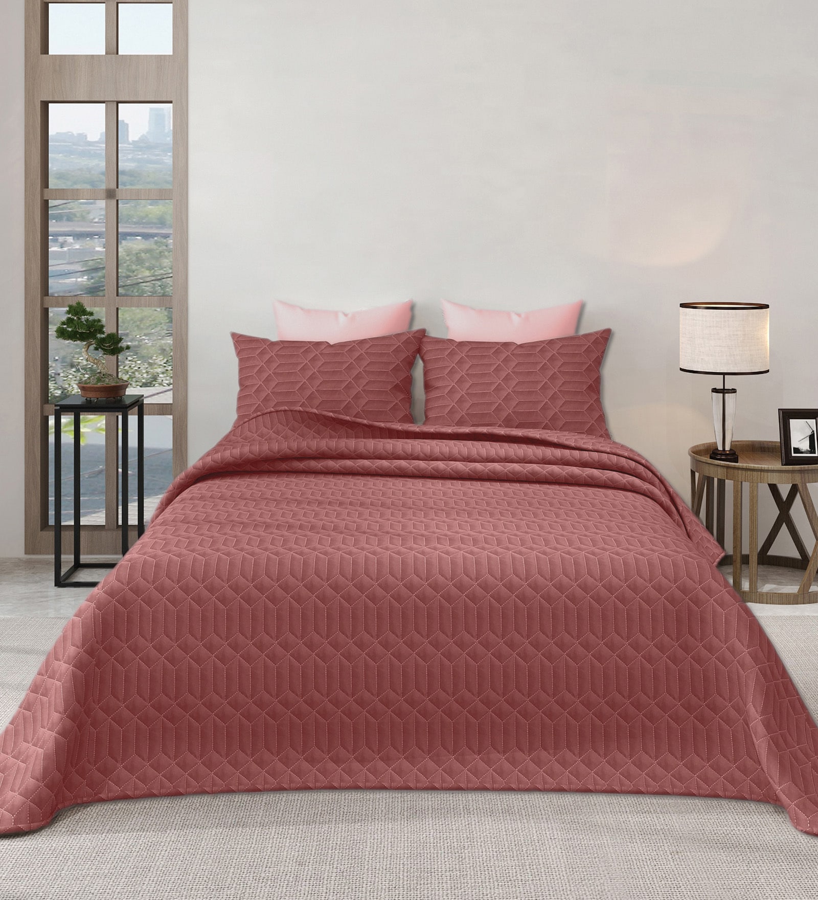 Red Azure 300GSM King Quilted Bedcover with 2 Pillowcovers