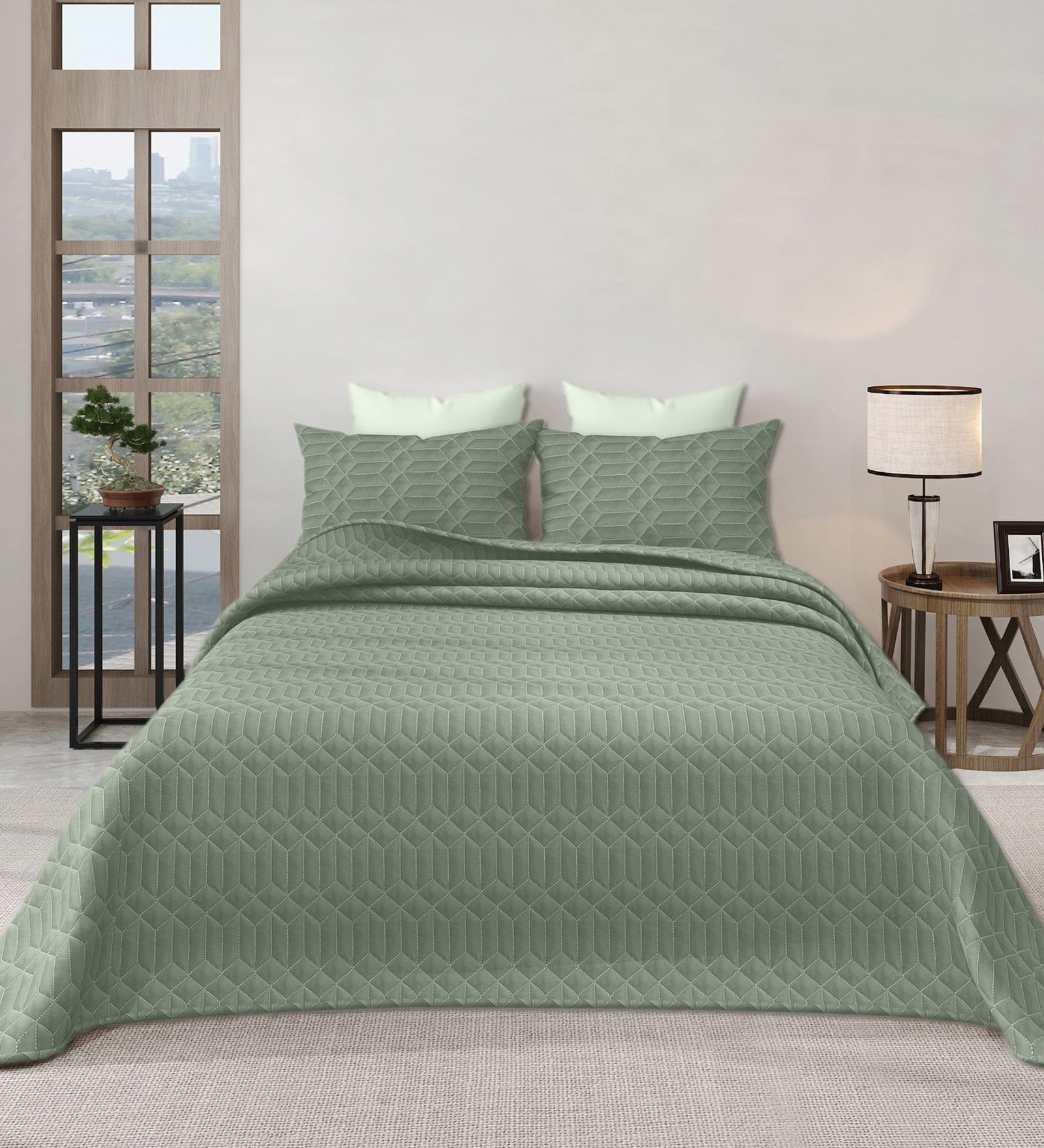 Green Azure 300GSM King Quilted Bedcover with 2 Pillowcovers