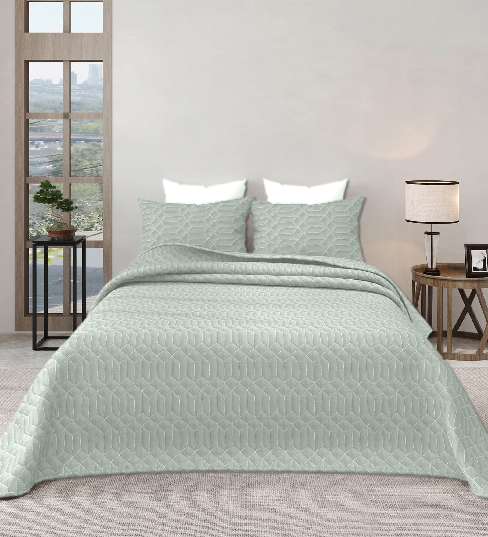 Green Azure 300GSM King Quilted Bedcover with 2 Pillowcovers