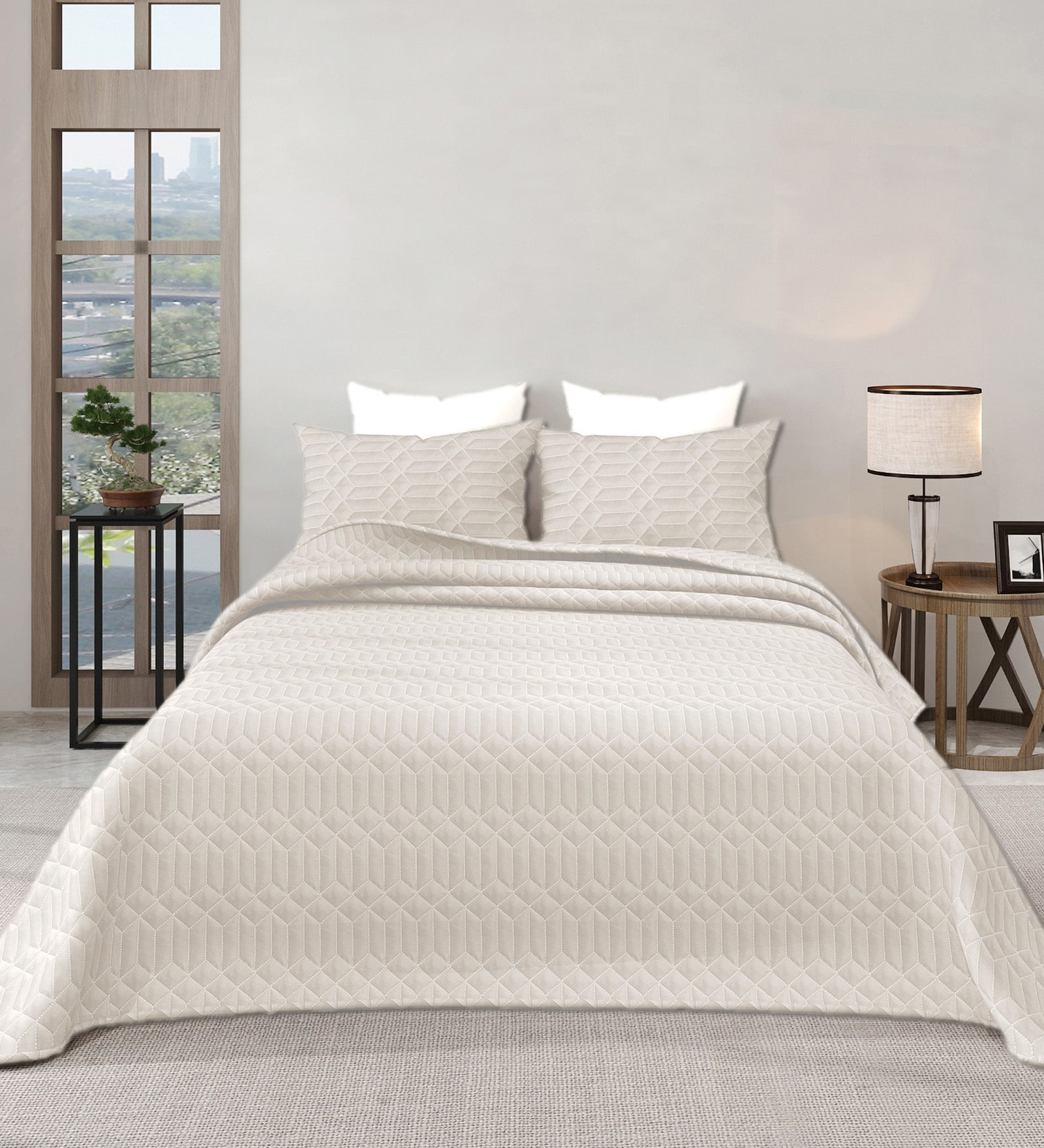 Cream Azure 300GSM King Quilted Bedcover with 2 Pillowcovers