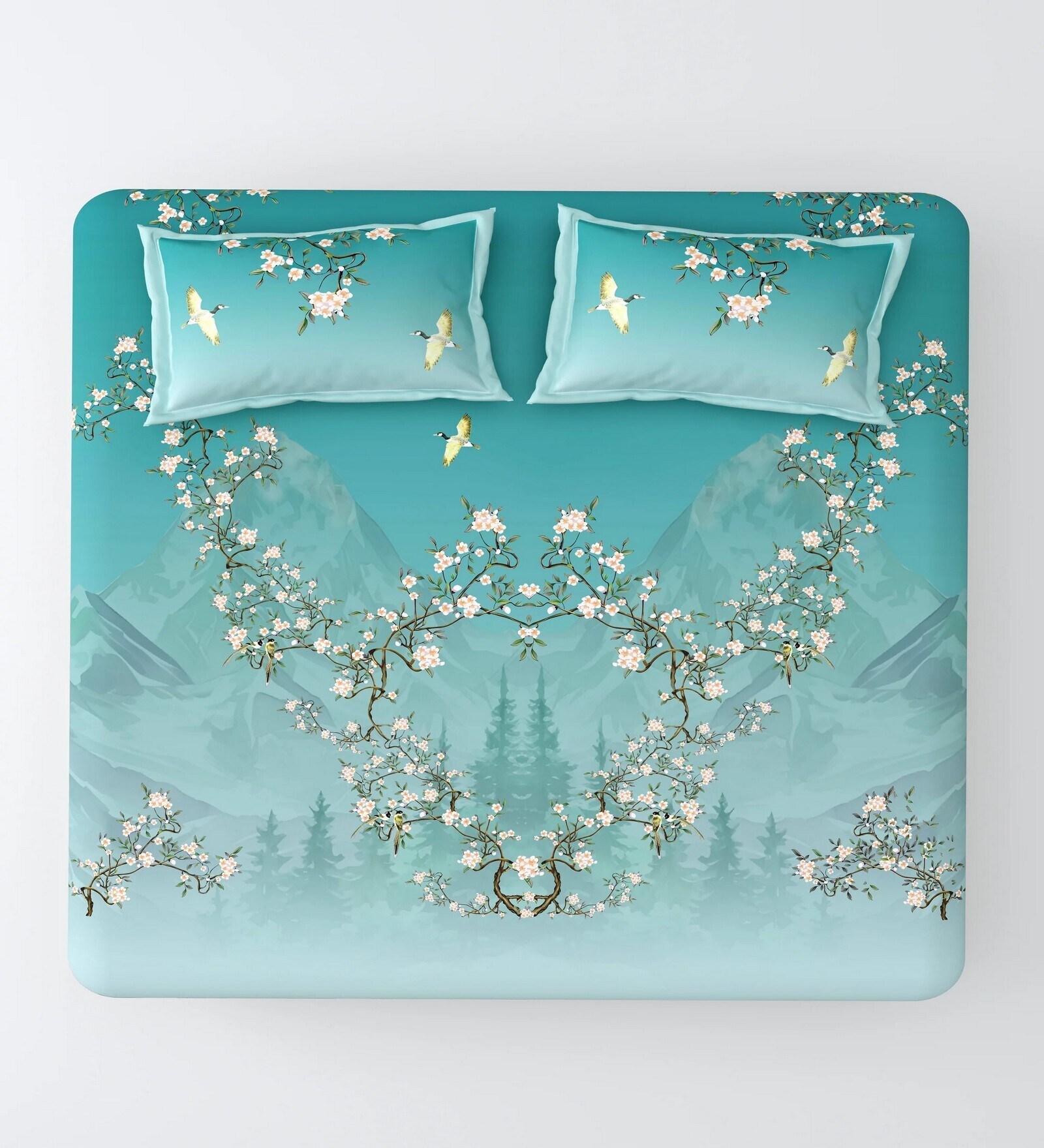 Green Floral 144 TC Cotton King Size  Bedsheet With 2 Pillow Cover