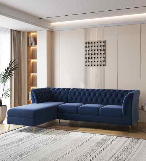 Azalea Velvet Fabric RHS Sectional Sofa (3 + Lounger) in Royal Blue Color
