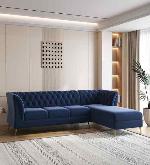 Azalea Velvet Fabric LHS Sectional Sofa (3 + Lounger) in Royal Blue Color