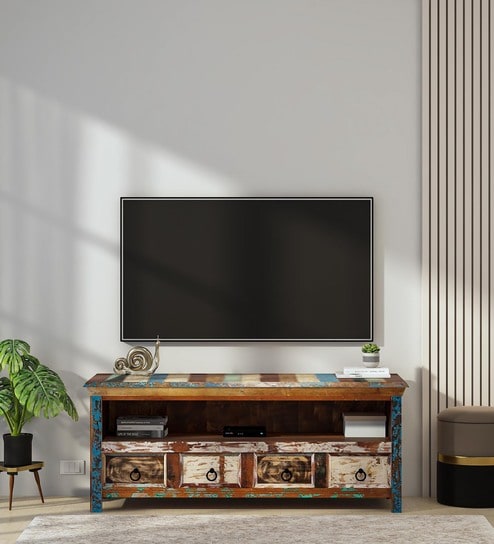 Azealia Reclaimed Wood TV Console In Distress Finish For TVs Up To 55"