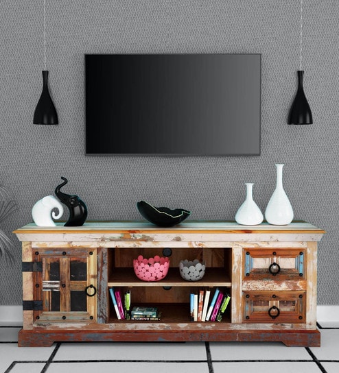 Buy Azealia Solid Wood Tv Console In Distress Finish By Bohemiana Online Industrial Tv Consoles Industrial Tv Consoles Furniture Pepperfry Product