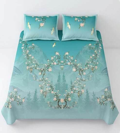 Green Floral 144 TC Cotton King Size  Bedsheet With 2 Pillow Cover