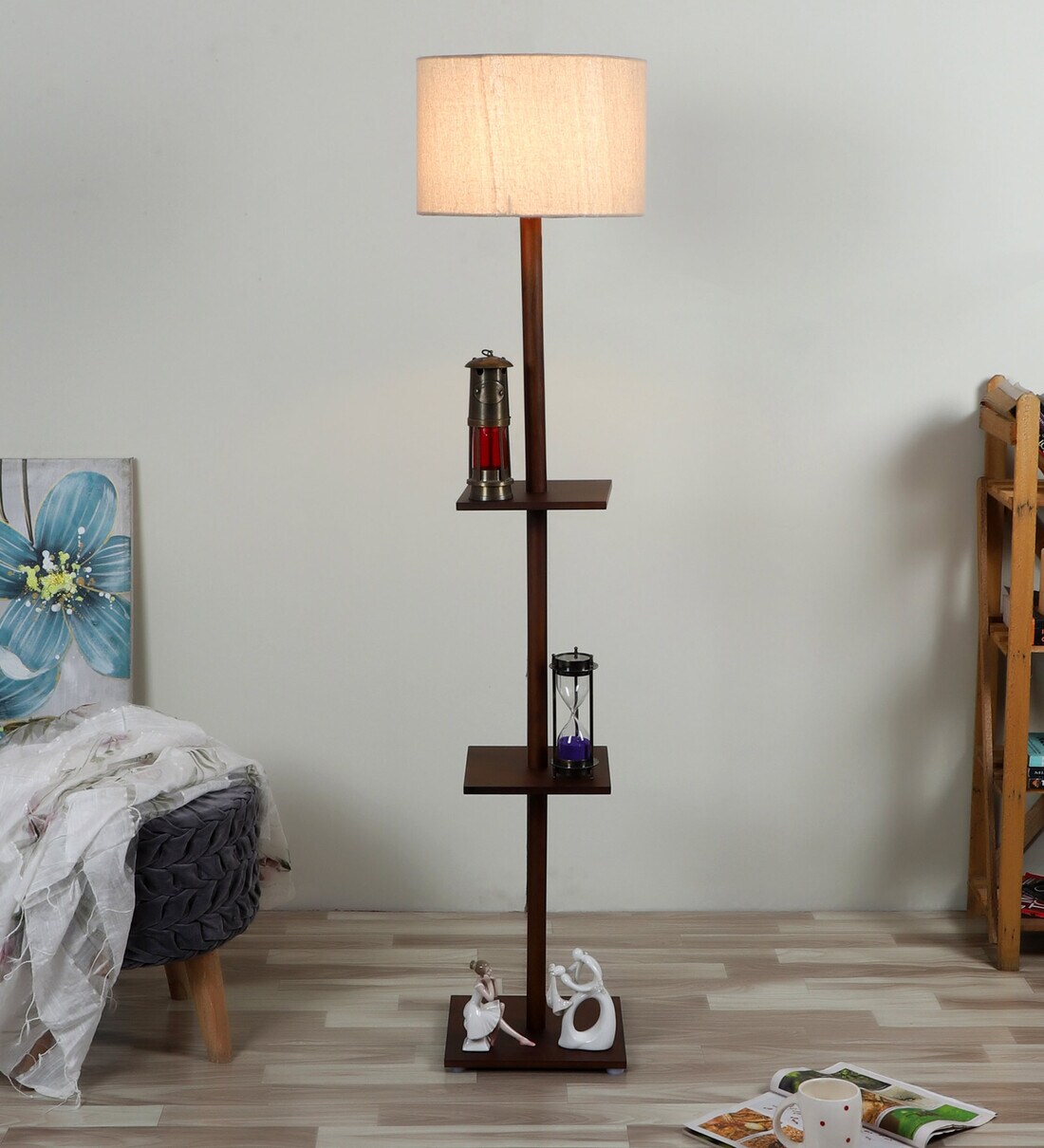 Buy Baige Cotton Shade Shelf Floor Lamp with Walnut Base by Pristine Interiors Online Shelf