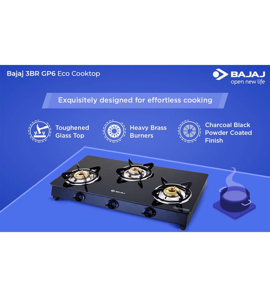 Buy Bajaj 3 Burner Stainless Steel & Glass Gas Stove (Manual, Black, ISI Certified) Online Gas