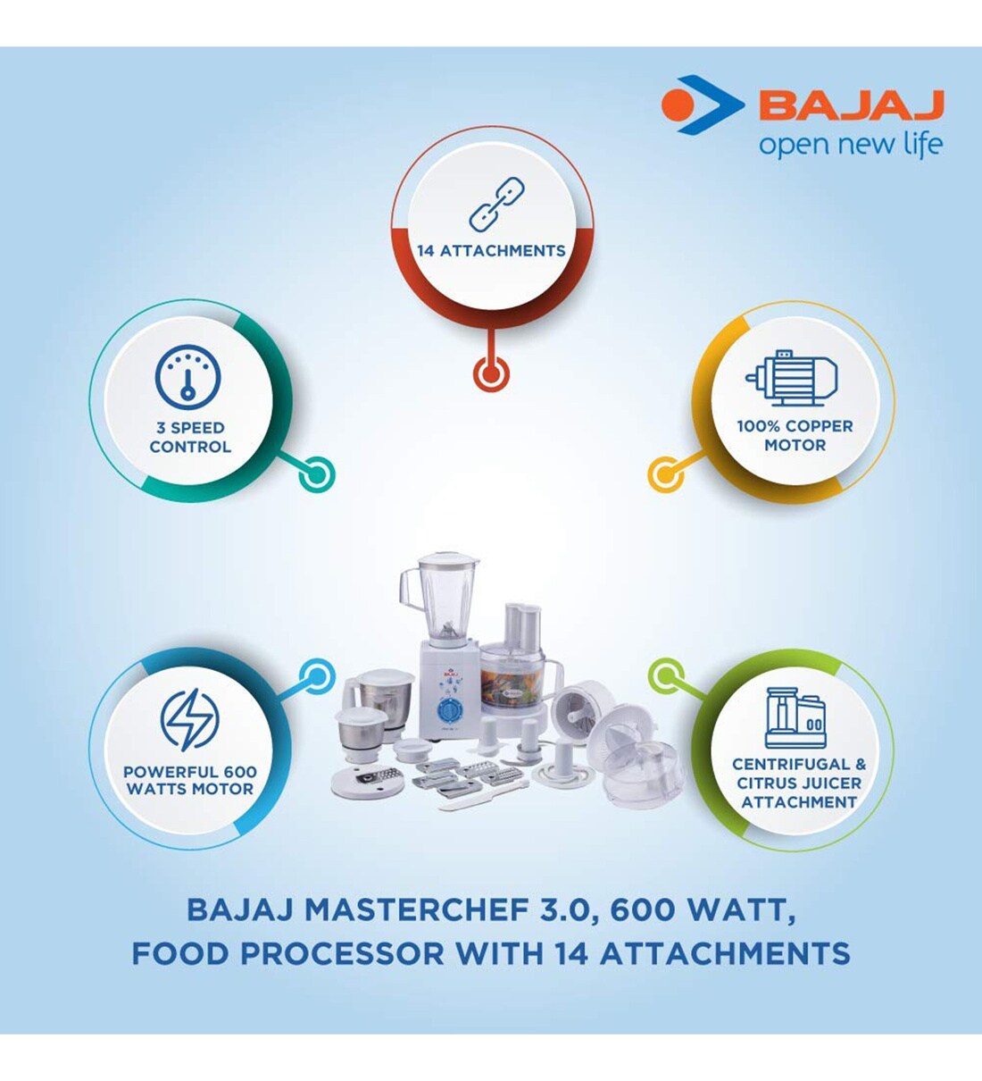 Buy Bajaj Food Processor Master Chef 3.0 600 Watt with 15 Attachments
