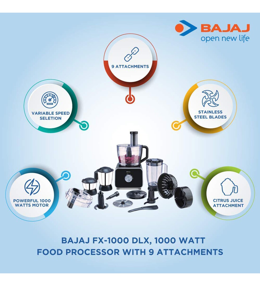 Buy Bajaj FX1000 DLX Food Processor and Mixer Grinder 1000 Watt with 9