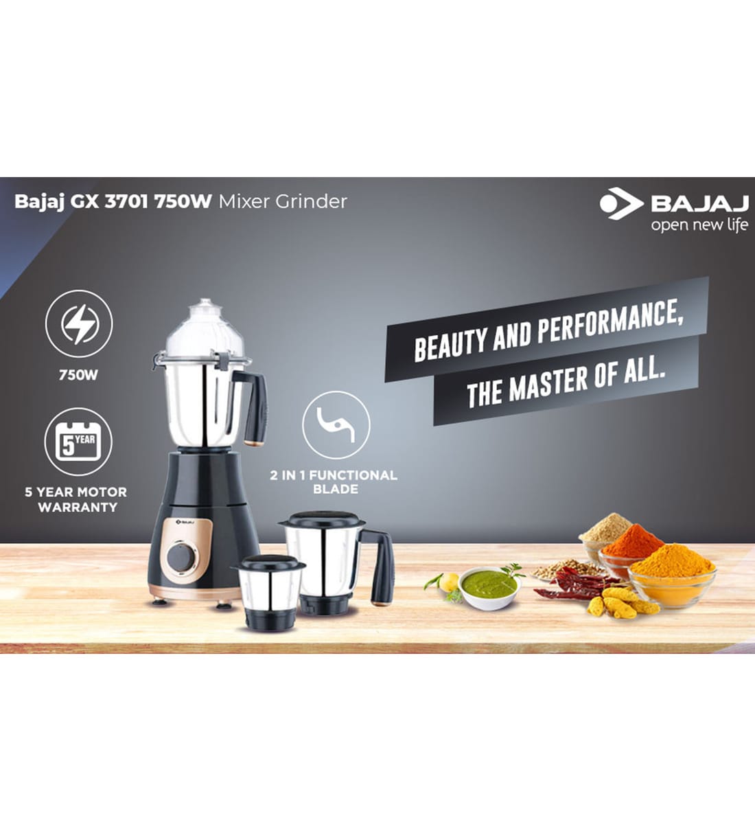 Buy Bajaj GX3701 Mixer Grinder 750W with 3 Jars in Black Colour Online